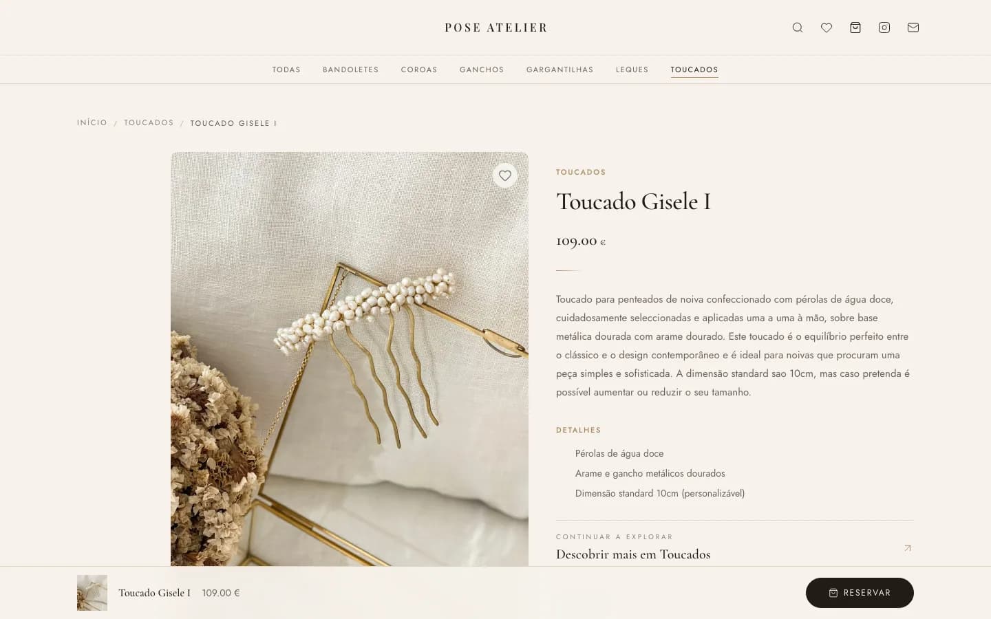 Ficha do Toucado Gisele I na loja Pose Atelier.